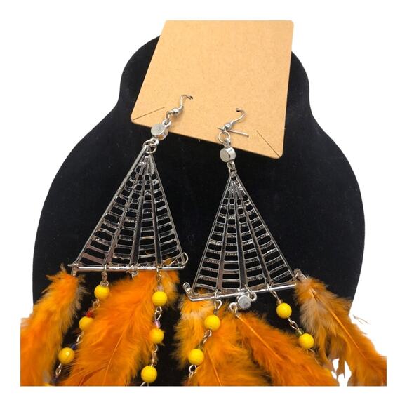 Boho Chic Pattern Metal Chandelier With Beads And Orange Feathers Earrings - Picture 9 of 12